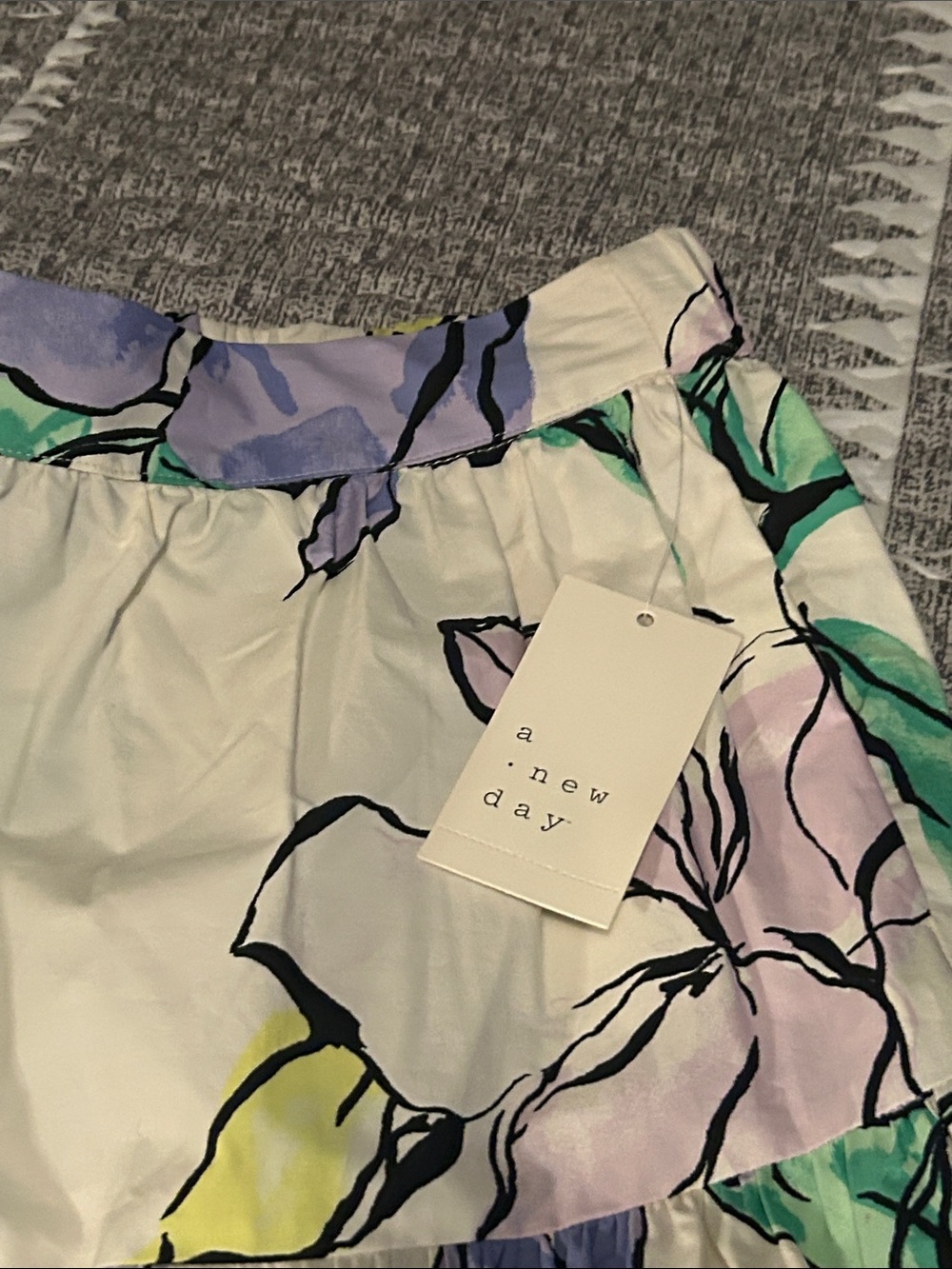 a new day White Tiered Midi Skirt with Lavender, Mint & Yellow Floral Print - Picture 3 of 5